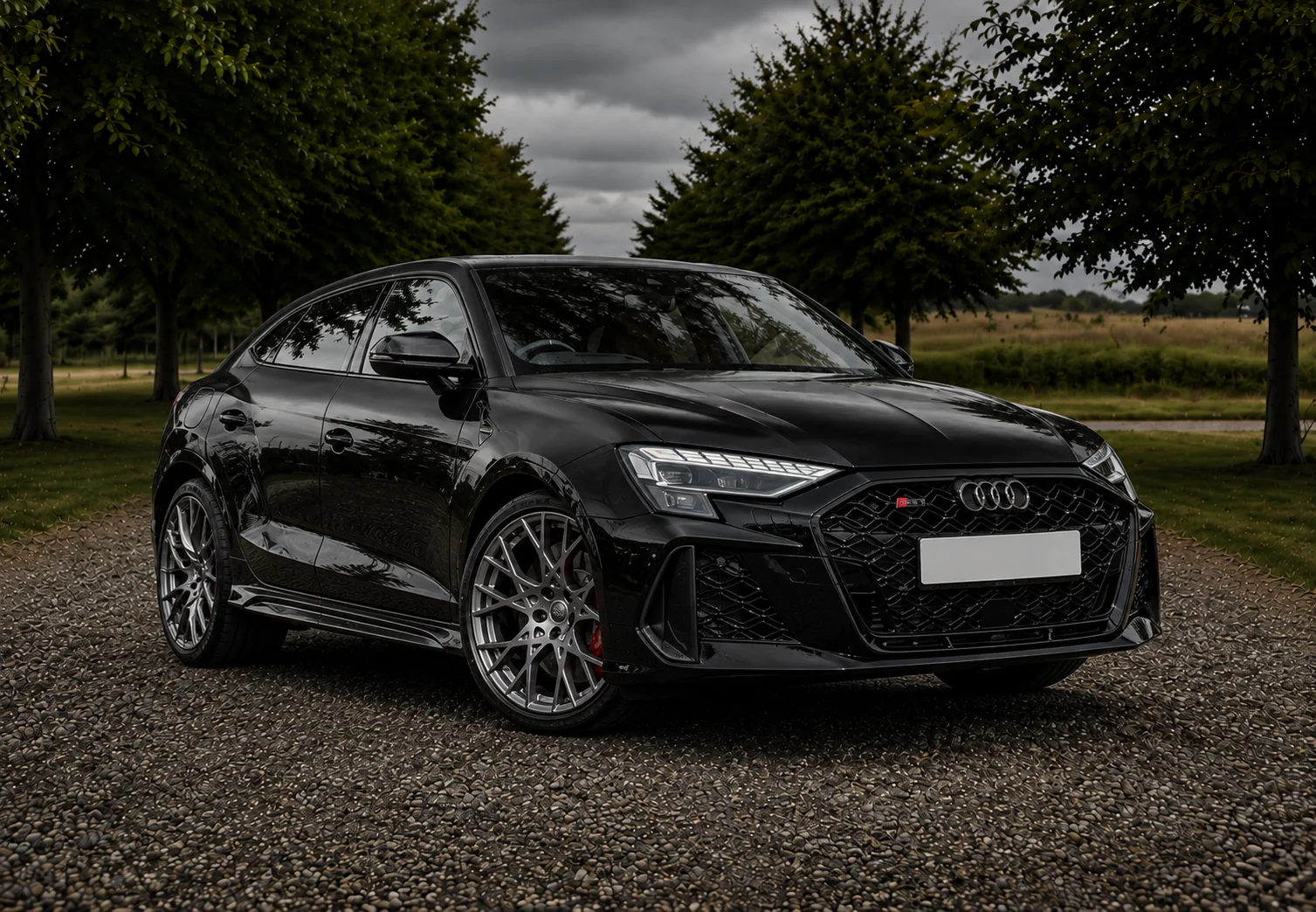 Black 2026 Audi RS3 Sportback available for luxury performance car hire in the UK at AT1 Performance.